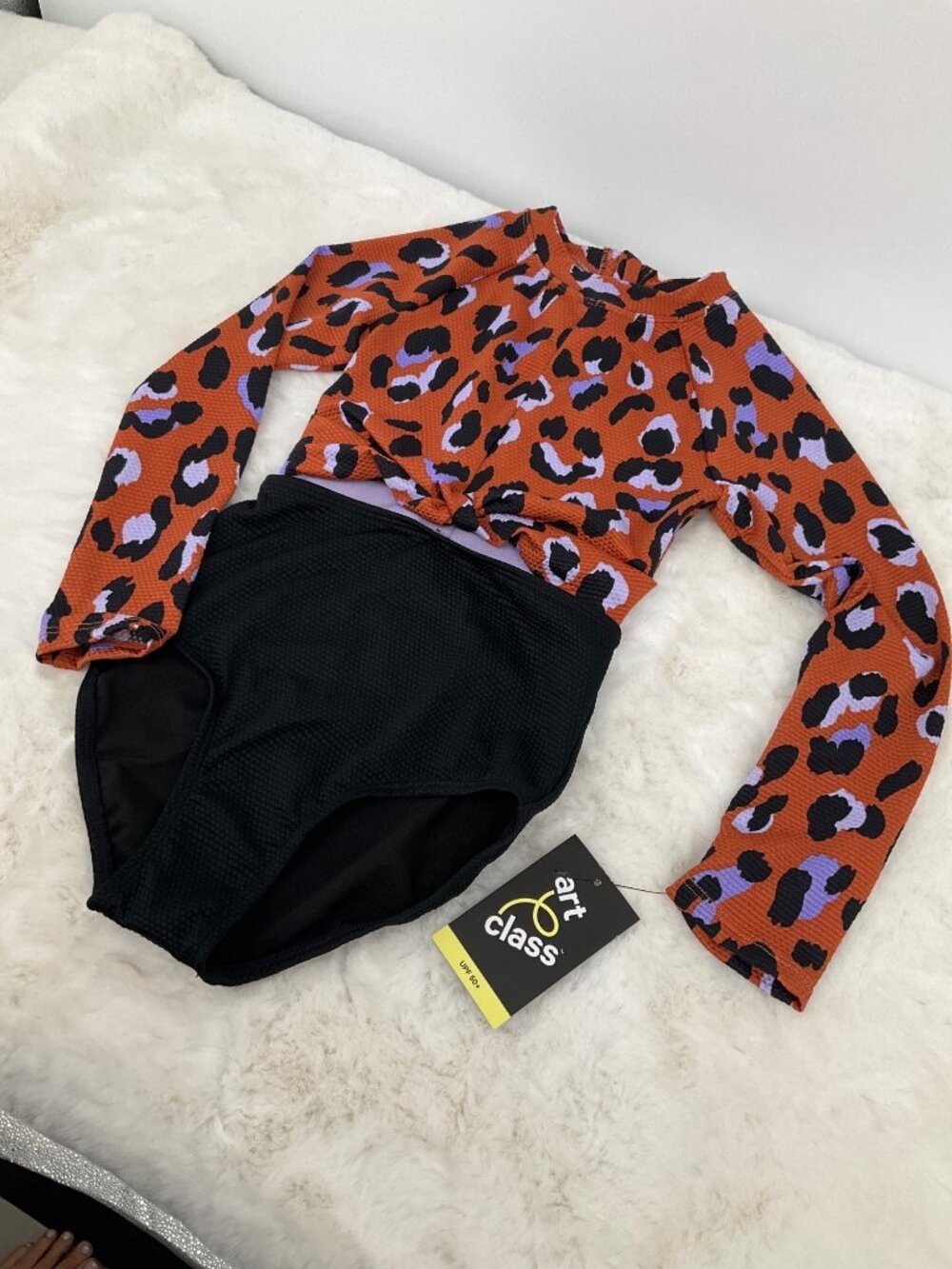 Art Class size Small (6/7) Girls Leopard Print One-Piece Swimsuit: Black, Purple - Picture 3 of 7